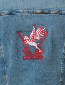 Blue denim and white sherpa jacket embroidered with the House Mars Sigil on the front right and Pegasus Legion Sigil on back