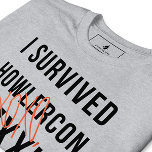 Grey t shirt with Pierce Brown's signature over the phrase I survived Howlercon 2023